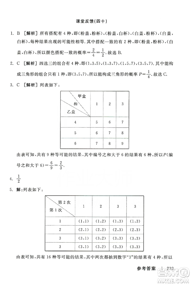 陽光出版社2019全品學練考課堂反饋九年級數(shù)學上冊人教版答案