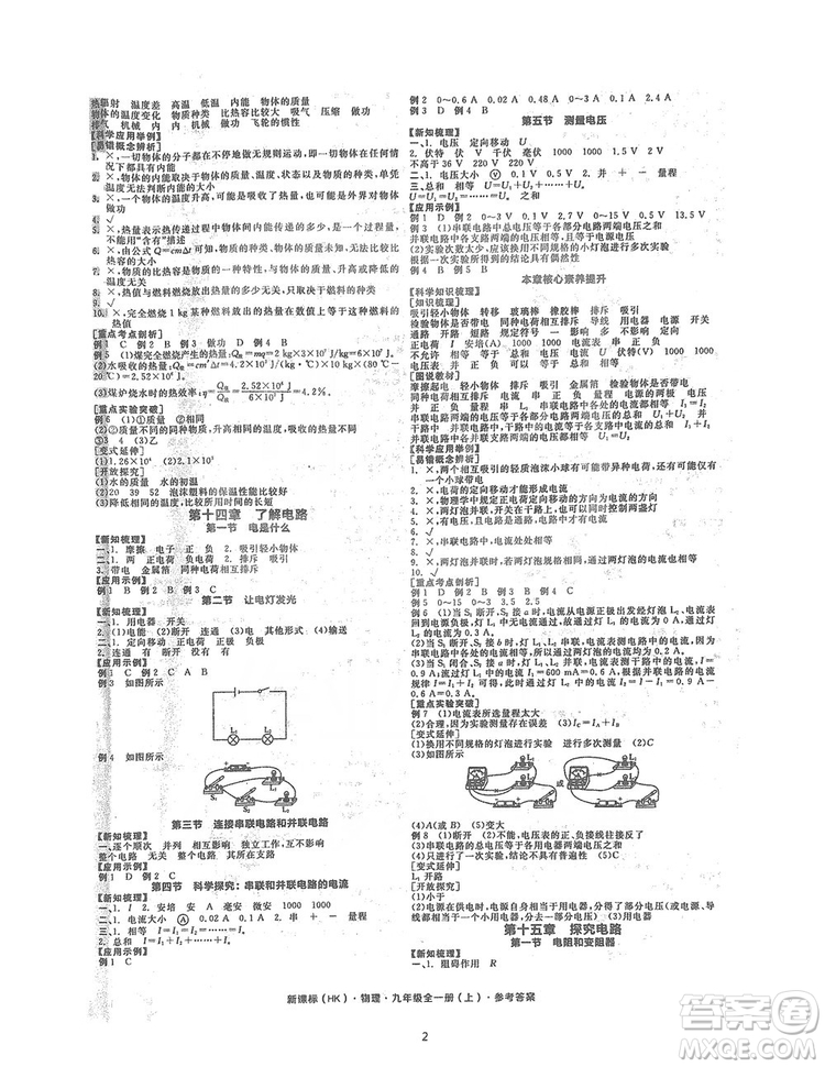 陽(yáng)光出版社2019全品學(xué)練考聽課手冊(cè)九年級(jí)全一冊(cè)上冊(cè)物理人教版答案