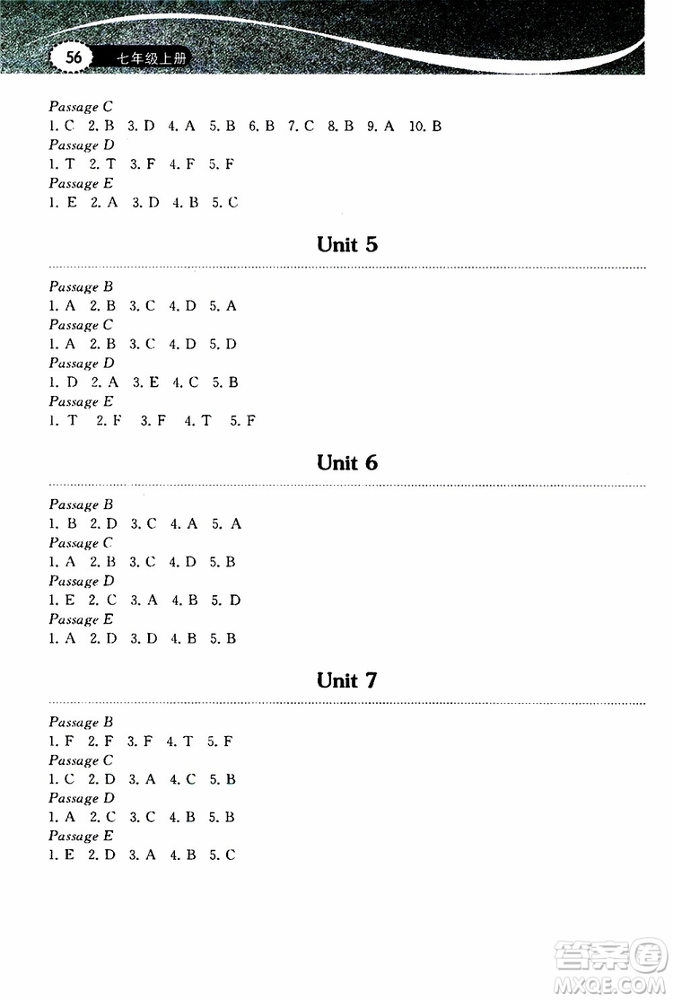 2019秋長江作業(yè)本初中英語閱讀訓練七年級上冊人教版參考答案