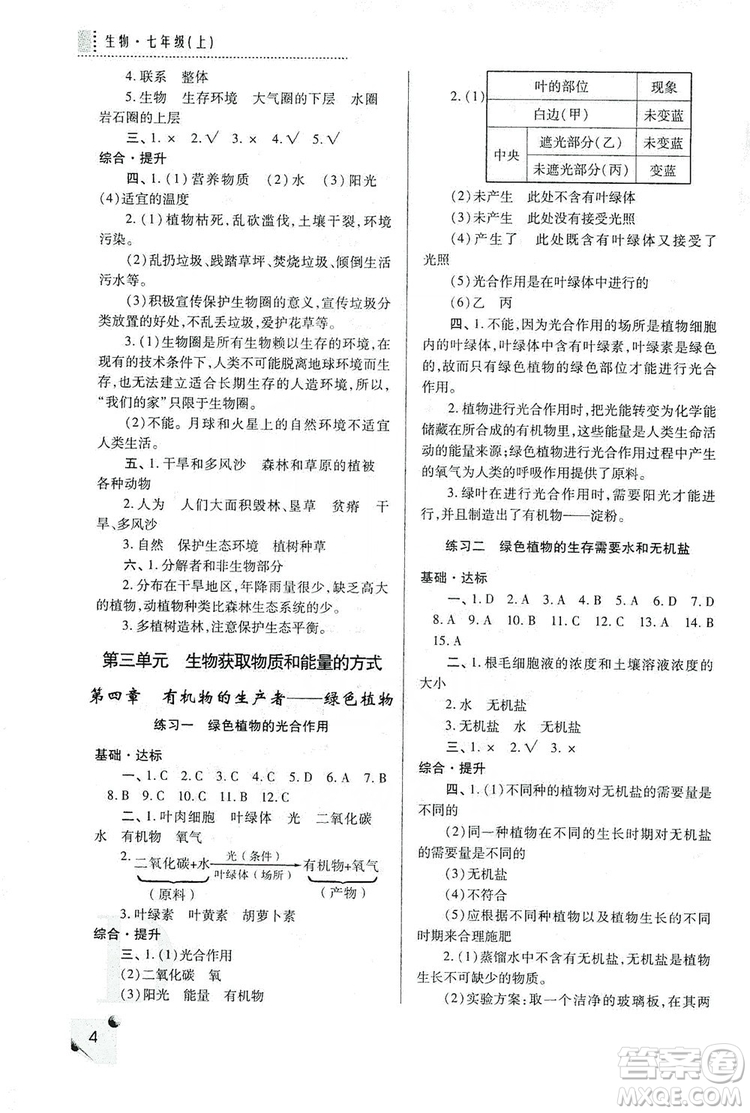 陜西師范大學(xué)出版總社2019課堂練習(xí)冊(cè)七年級(jí)生物上冊(cè)D版答案