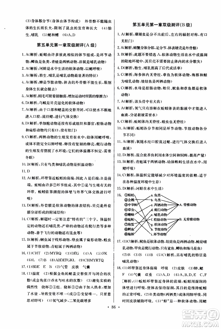 2019新版長(zhǎng)江全能學(xué)案同步練習(xí)冊(cè)生物學(xué)八年級(jí)上冊(cè)人教版參考答案