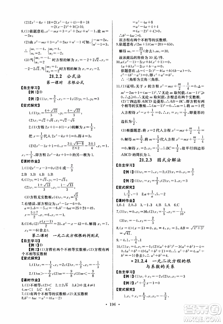 2019新版長江全能學案同步練習冊數(shù)學九年級全一冊人教版參考答案