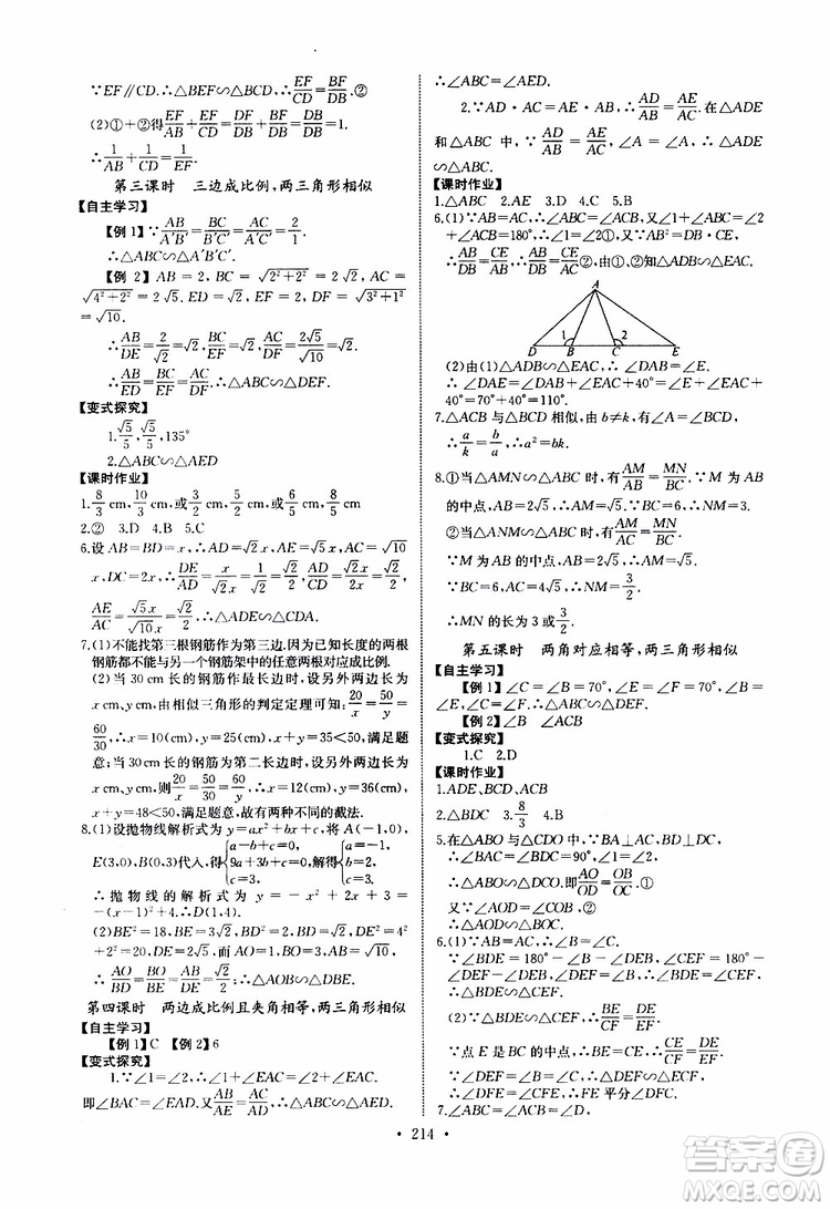 2019新版長江全能學案同步練習冊數(shù)學九年級全一冊人教版參考答案