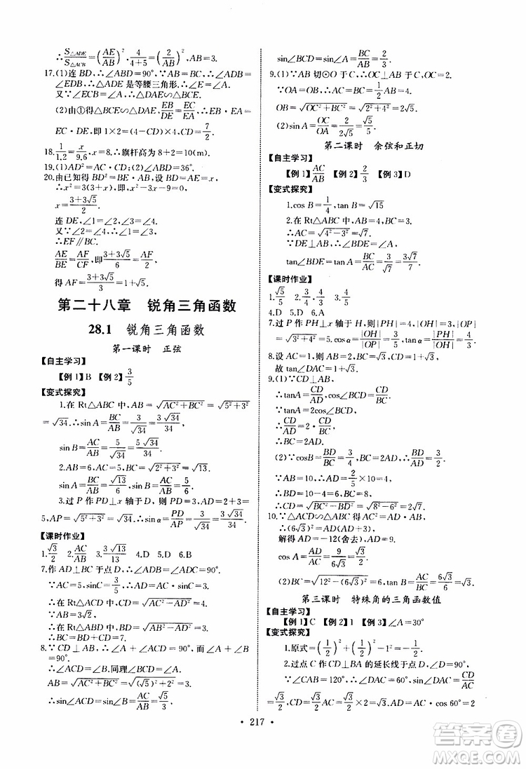 2019新版長江全能學案同步練習冊數(shù)學九年級全一冊人教版參考答案