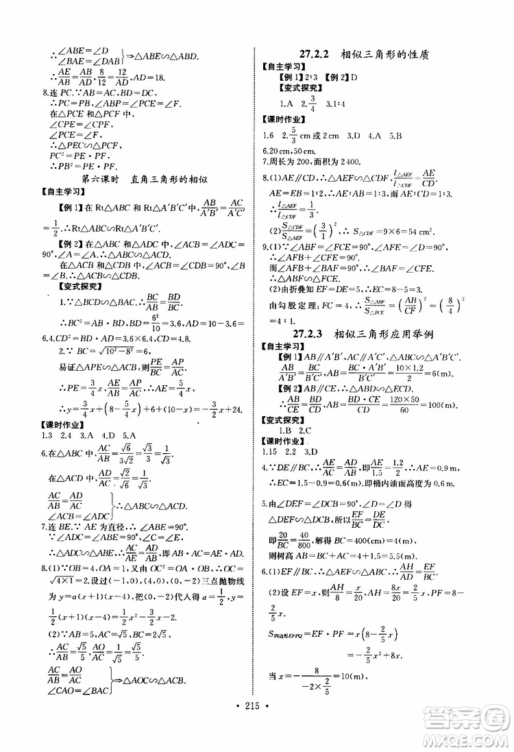 2019新版長江全能學案同步練習冊數(shù)學九年級全一冊人教版參考答案