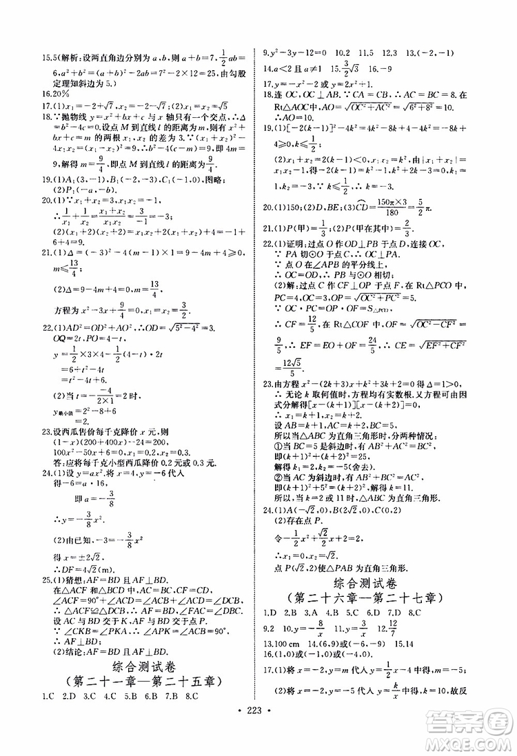 2019新版長江全能學案同步練習冊數(shù)學九年級全一冊人教版參考答案