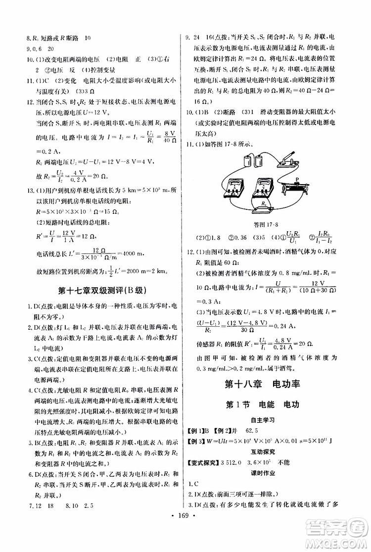 2019新版長江全能學案同步練習冊物理九年級全一冊人教版參考答案