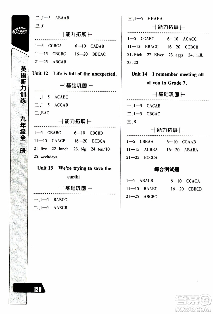 2019新版長江全能學(xué)案英語聽力訓(xùn)練九年級全一冊人教版參考答案