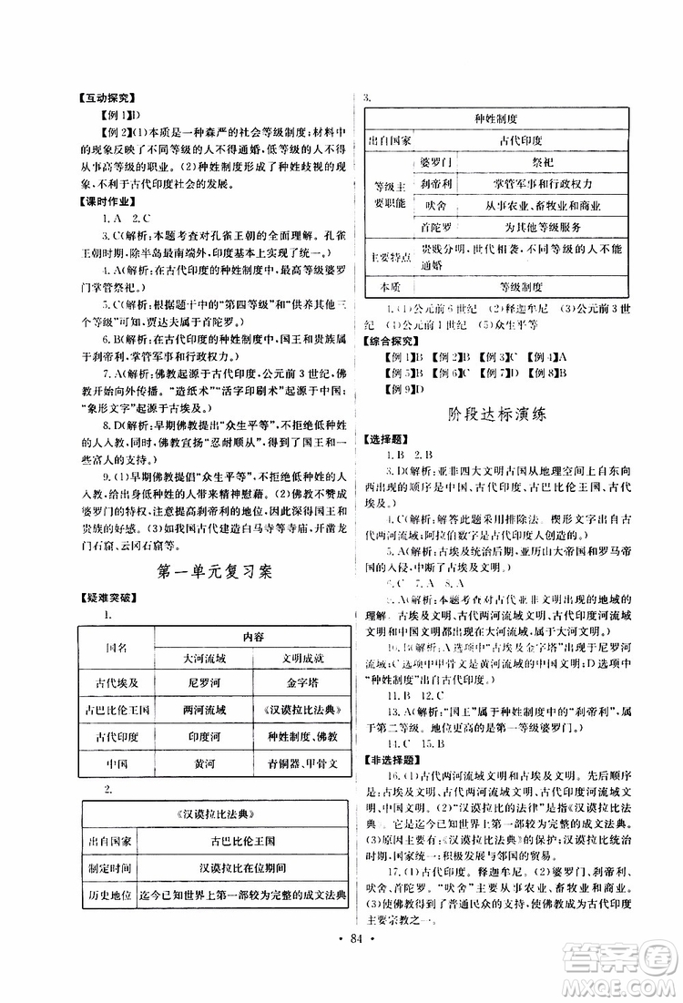 2019新版長江全能學案同步練習冊歷史九年級上冊人教版參考答案