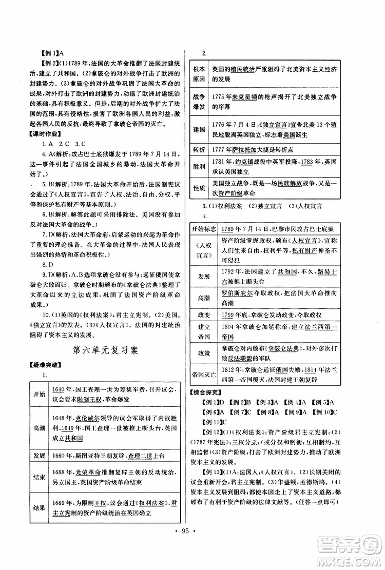 2019新版長江全能學案同步練習冊歷史九年級上冊人教版參考答案