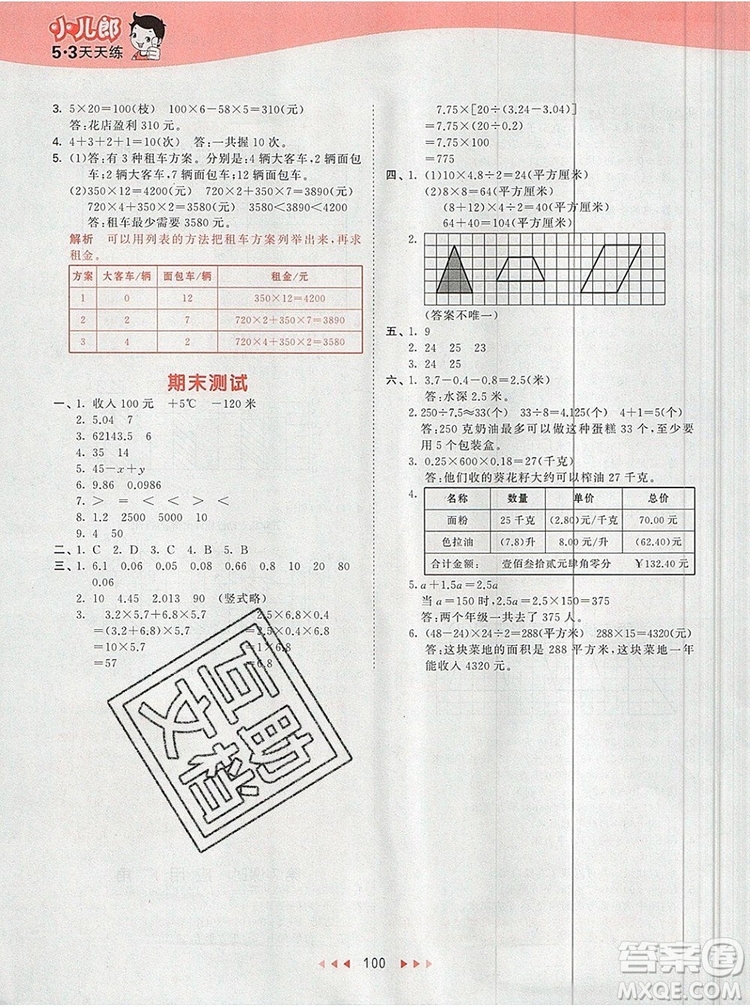 2019年53天天練小學數(shù)學五年級上冊蘇教版參考答案