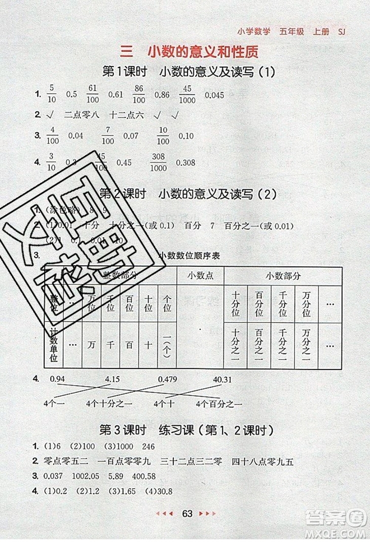 2019年53隨堂測(cè)小學(xué)數(shù)學(xué)五年級(jí)上冊(cè)蘇教版參考答案