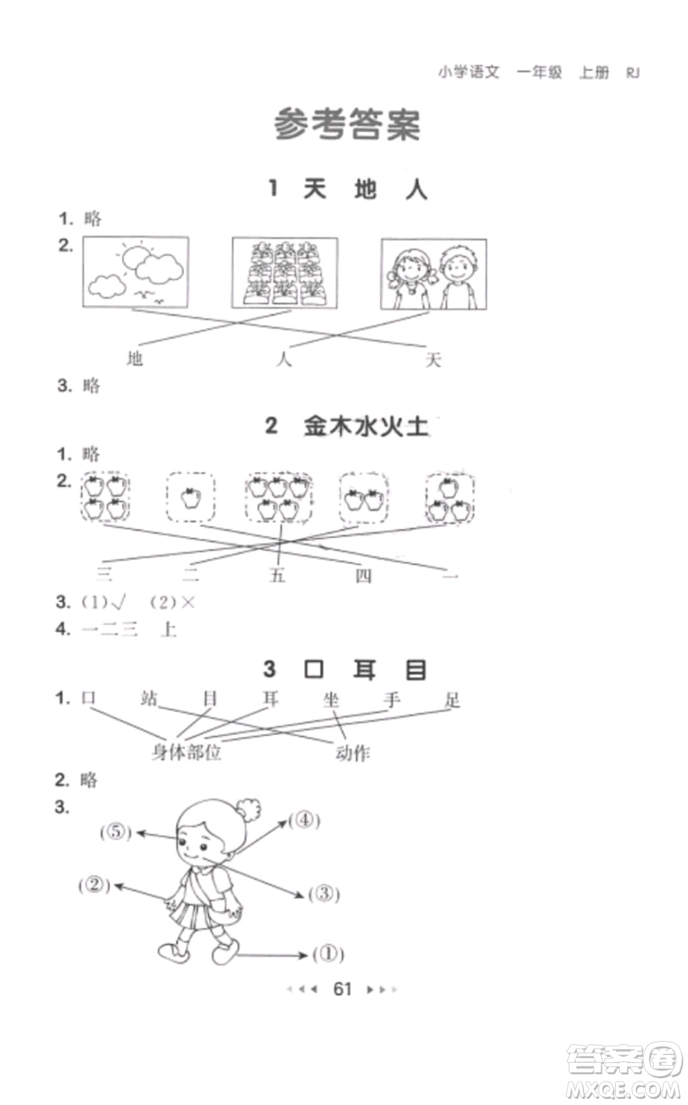 2019年53隨堂測小學(xué)語文一年級上冊人教版參考答案