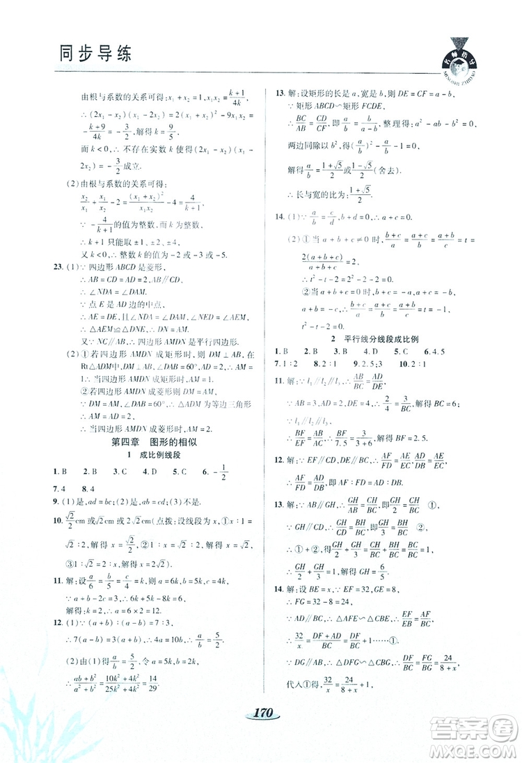 陜西科學(xué)技術(shù)出版社2019新課標(biāo)教材同步導(dǎo)練九年級數(shù)學(xué)上冊C版答案