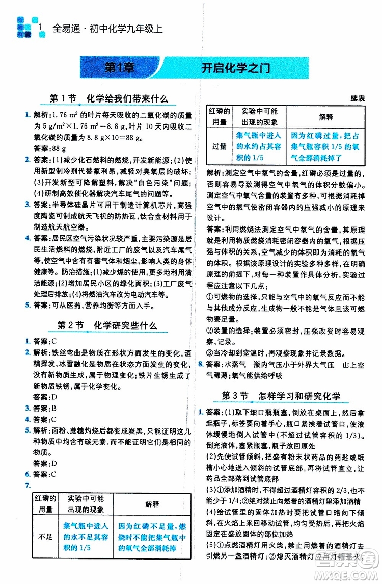 2019年全易通初中化學(xué)九年級上冊HJ滬教版參考答案