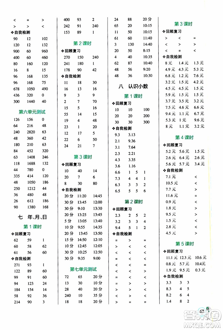 2019年PASS綠卡圖書小學學霸口算三年級上BS北師版參考答案