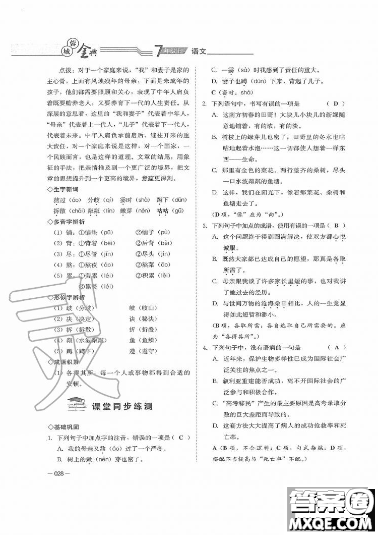 四川師范大學(xué)電子出版社2019年蓉城金典語(yǔ)文七年級(jí)上冊(cè)人教版參考答案