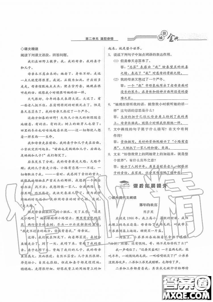 四川師范大學(xué)電子出版社2019年蓉城金典語(yǔ)文七年級(jí)上冊(cè)人教版參考答案