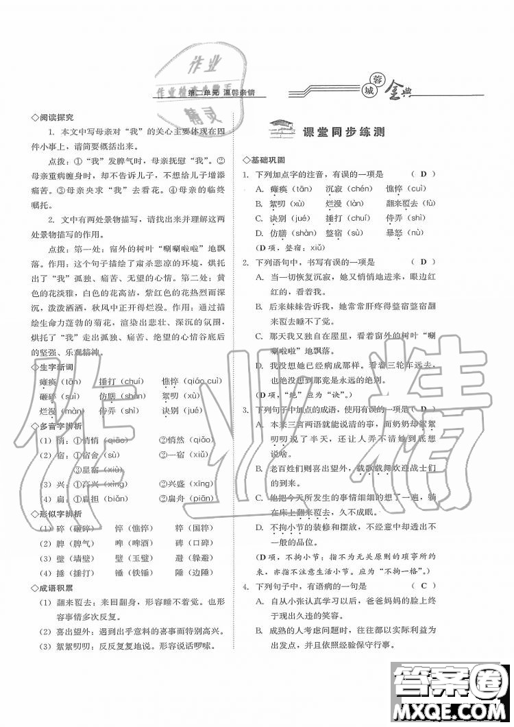 四川師范大學(xué)電子出版社2019年蓉城金典語(yǔ)文七年級(jí)上冊(cè)人教版參考答案