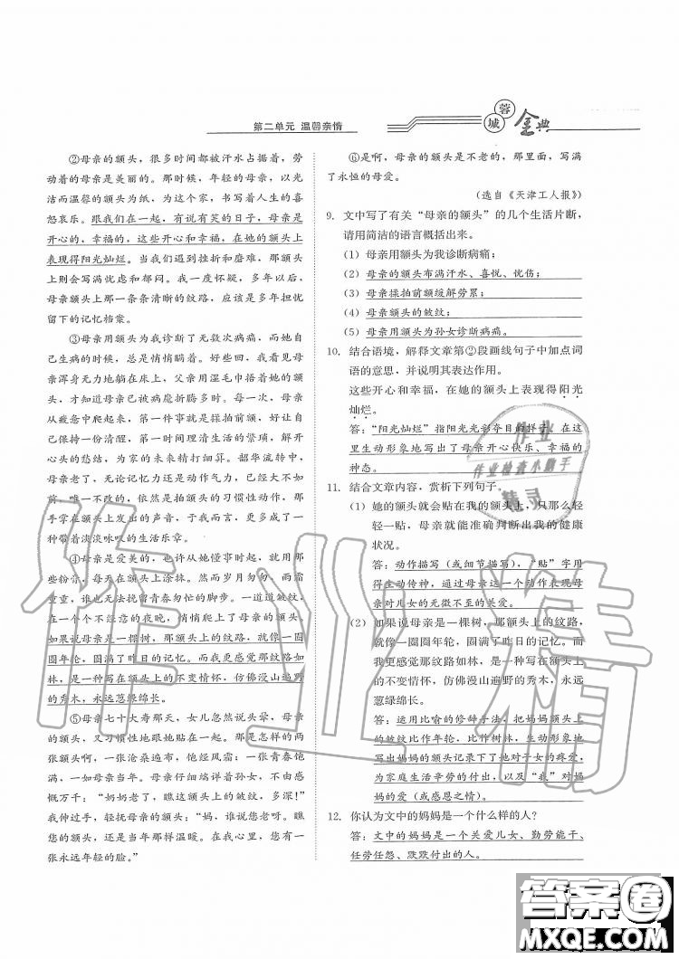 四川師范大學(xué)電子出版社2019年蓉城金典語(yǔ)文七年級(jí)上冊(cè)人教版參考答案