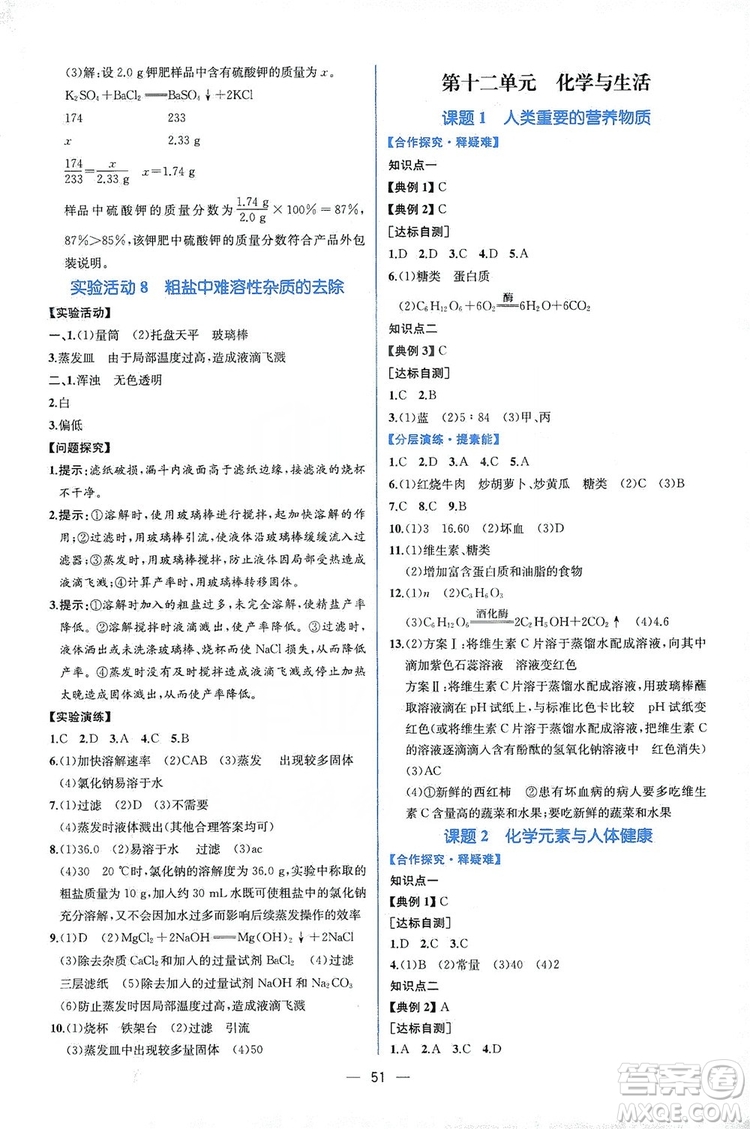 人民教育出版社2019同步學歷案課時練化學九年級全一冊答案