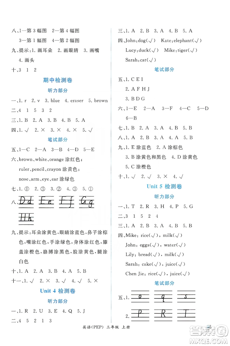 人民教育出版社2019年秋同步導學案課時練三年級英語上冊人教版答案