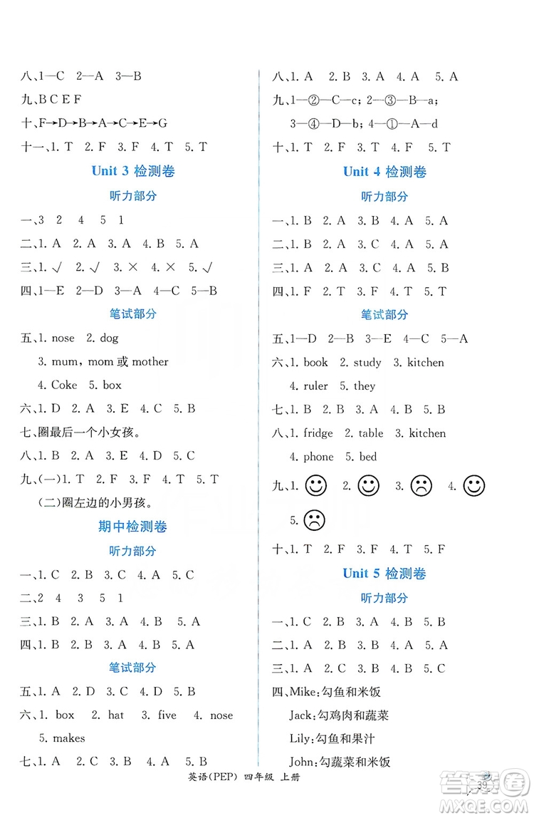 人民教育出版社2019同步導(dǎo)學(xué)案課時練四年級英語上冊答案