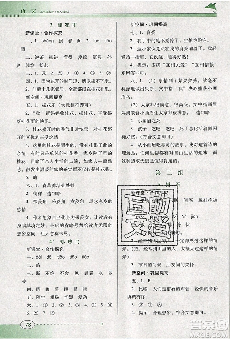 2019年南方新課堂金牌學(xué)案五年級(jí)語(yǔ)文上冊(cè)人教版參考答案