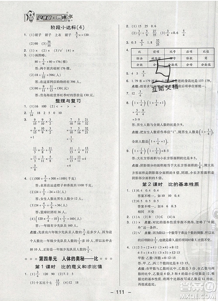 2019年綜合應(yīng)用創(chuàng)新題典中點六年級數(shù)學(xué)上冊青島版參考答案