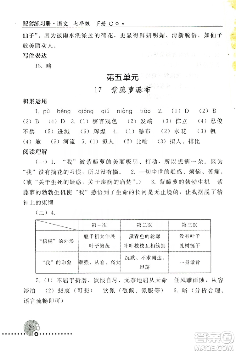 山東教育出版社2019初中基礎訓練七年級語文上冊答案