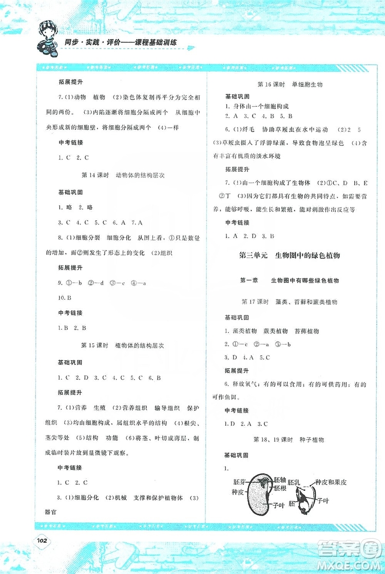 湖南少年兒童出版社2019課程基礎(chǔ)訓(xùn)練七年級生物上冊人教版答案