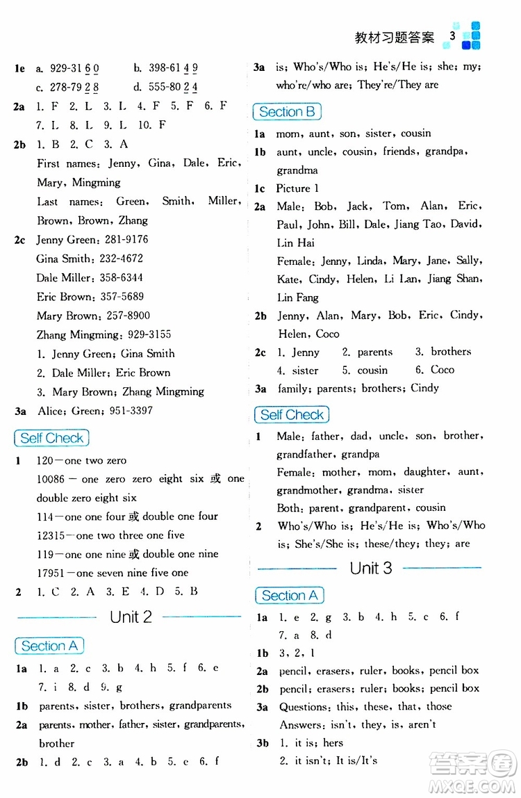 浙江教育出版社2019年全易通初中英語七年級上冊R人教版參考答案