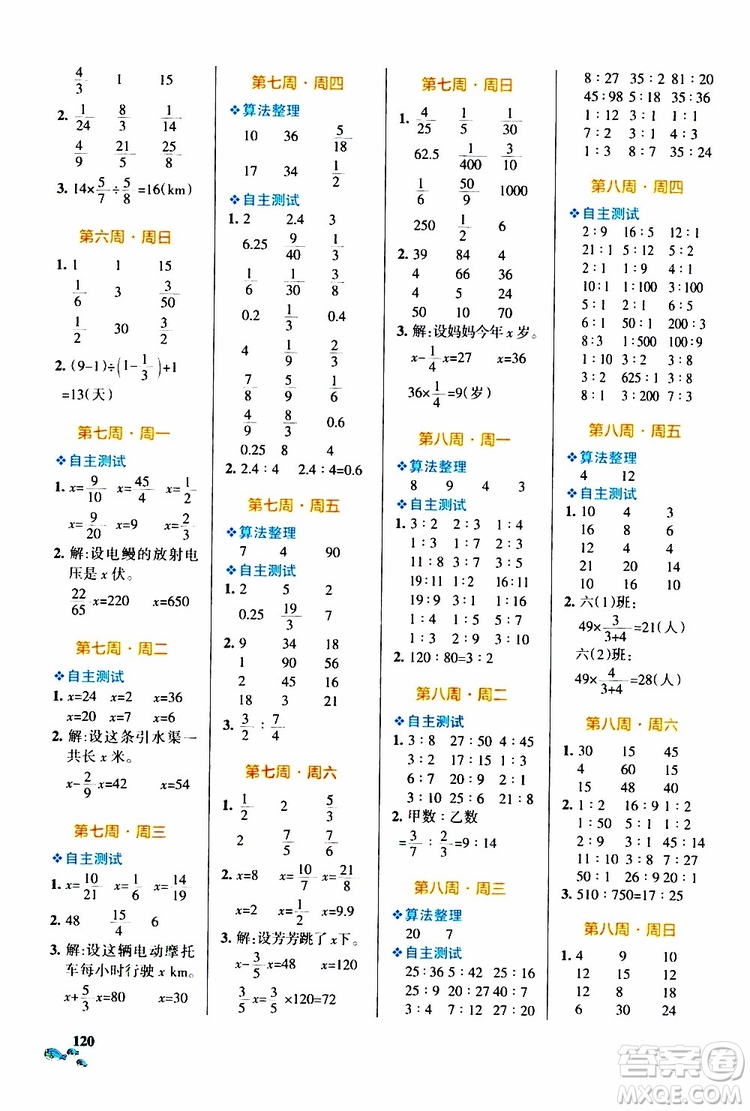 遼寧教育出版社2019年小學(xué)學(xué)霸天天計算六年級上冊RJ人教版參考答案