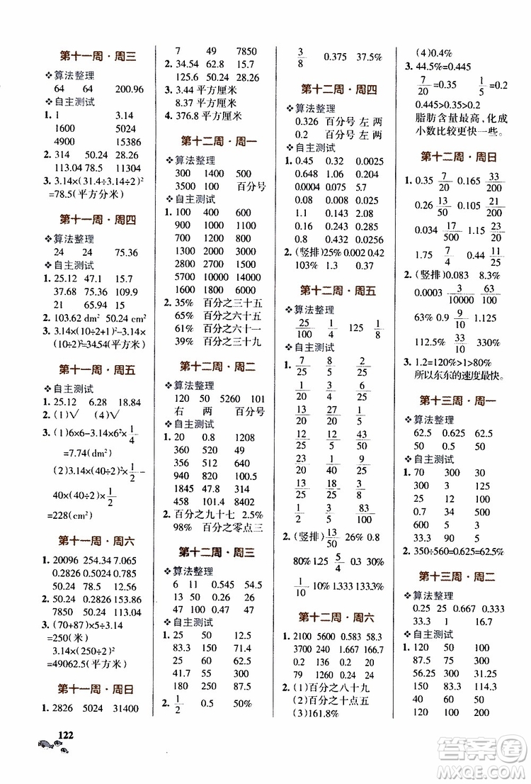 遼寧教育出版社2019年小學(xué)學(xué)霸天天計算六年級上冊RJ人教版參考答案