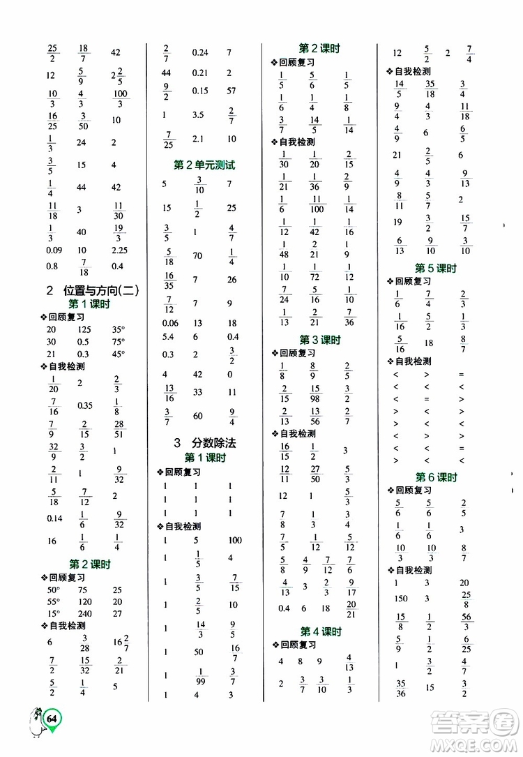 遼寧教育出版社2019年小學學霸口算六年級上冊RJ人教版參考答案