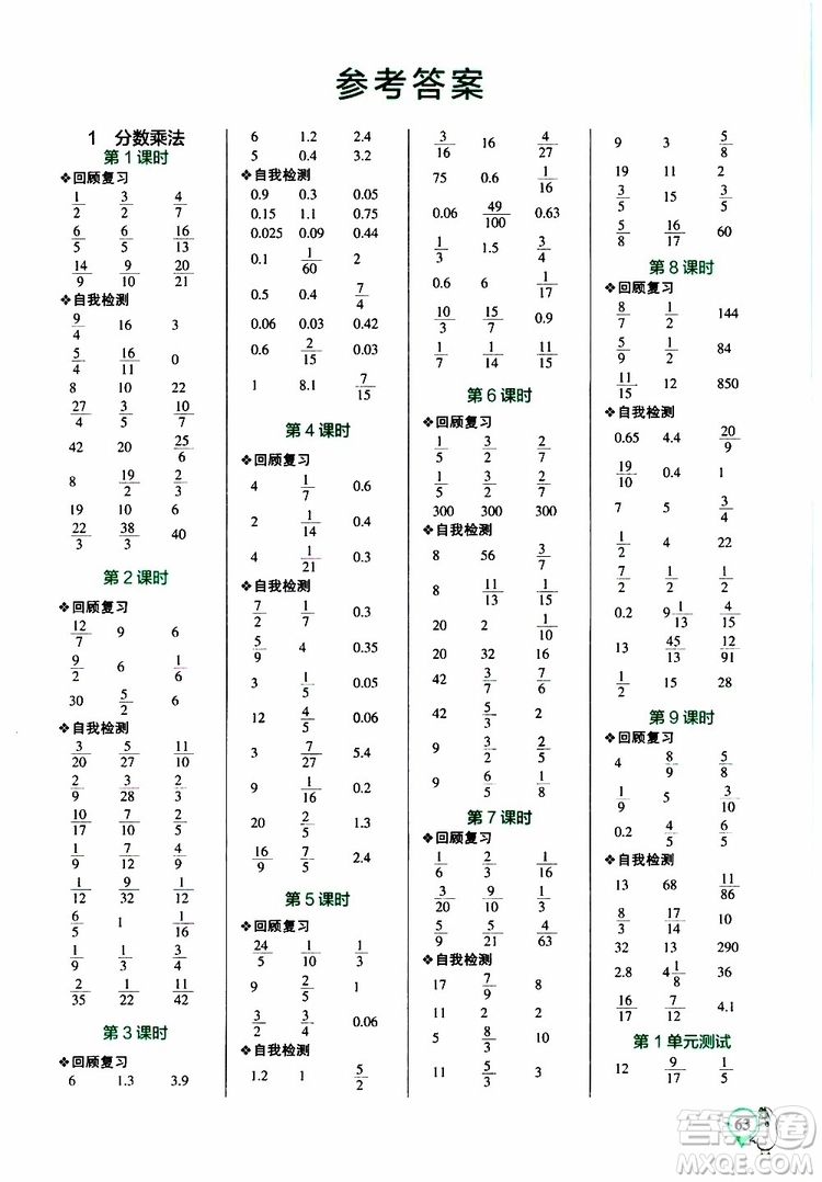 遼寧教育出版社2019年小學學霸口算六年級上冊RJ人教版參考答案