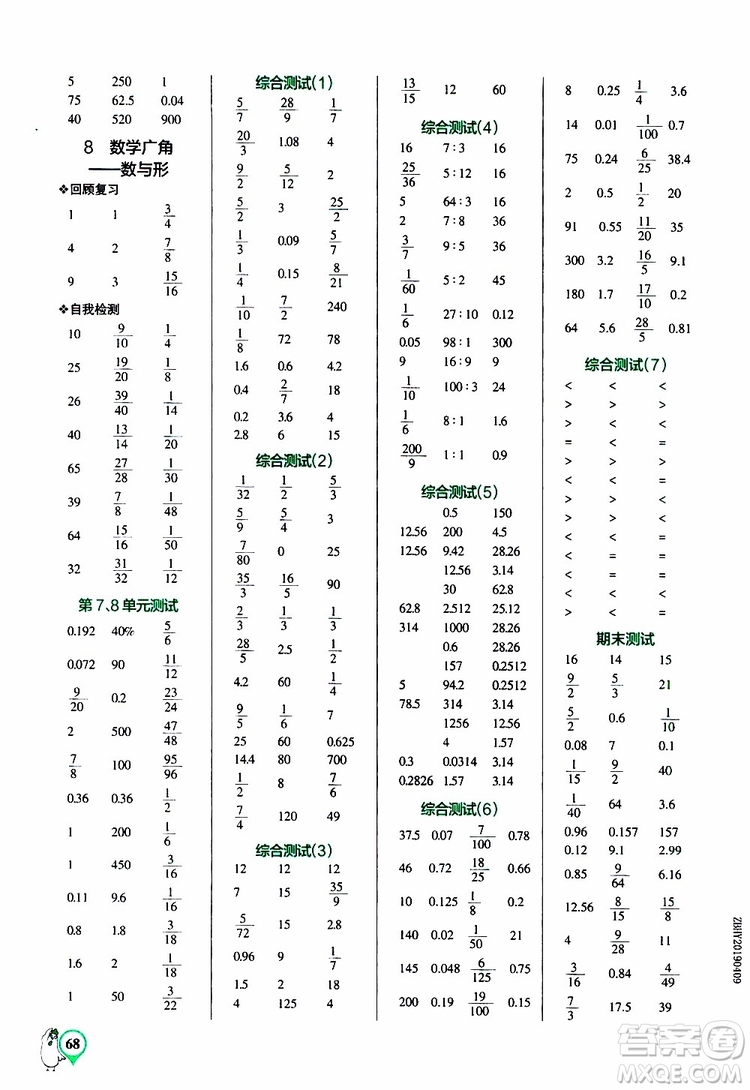 遼寧教育出版社2019年小學學霸口算六年級上冊RJ人教版參考答案