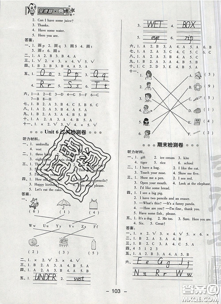 2019年綜合應(yīng)用創(chuàng)新題典中點(diǎn)三年級(jí)英語上冊(cè)人教PEP版參考答案