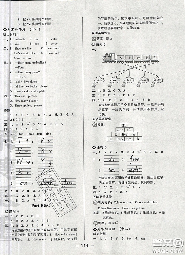 2019年綜合應(yīng)用創(chuàng)新題典中點(diǎn)三年級(jí)英語上冊(cè)人教PEP版參考答案