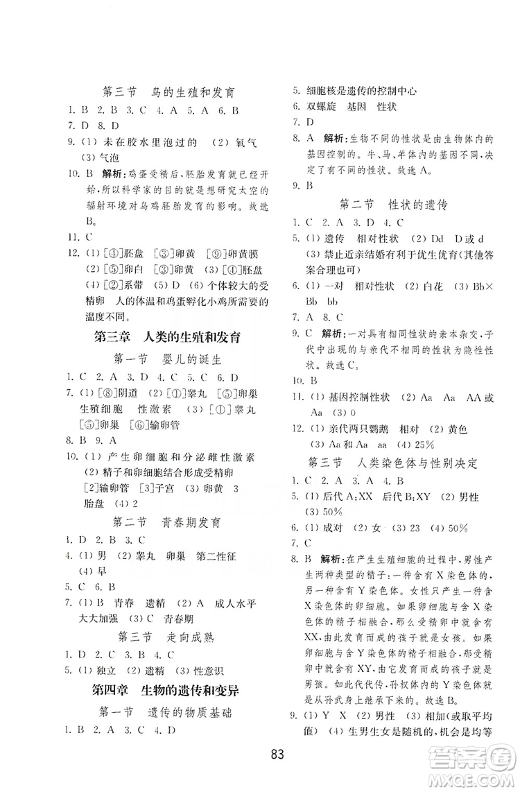 山東教育出版社2019初中基礎(chǔ)訓(xùn)練八年級生物學(xué)全一冊人教版答案