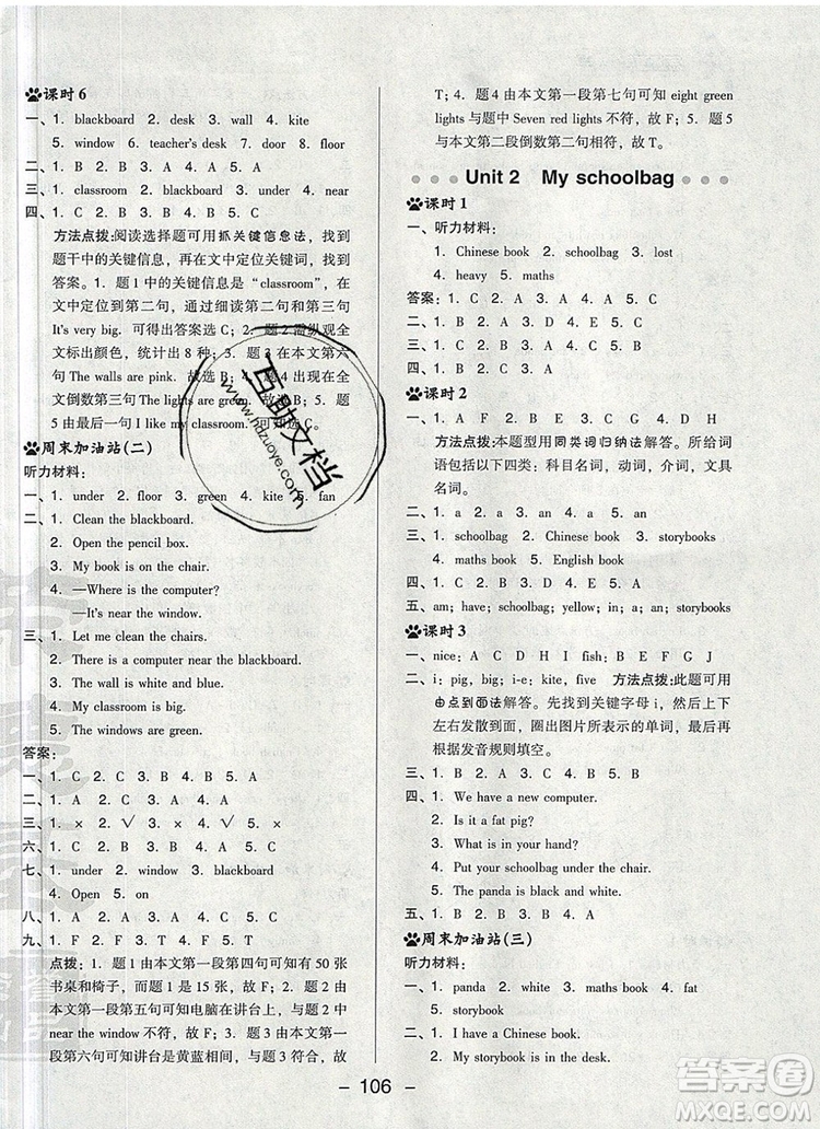 2019年綜合應(yīng)用創(chuàng)新題典中點(diǎn)四年級英語上冊人教PEP版參考答案