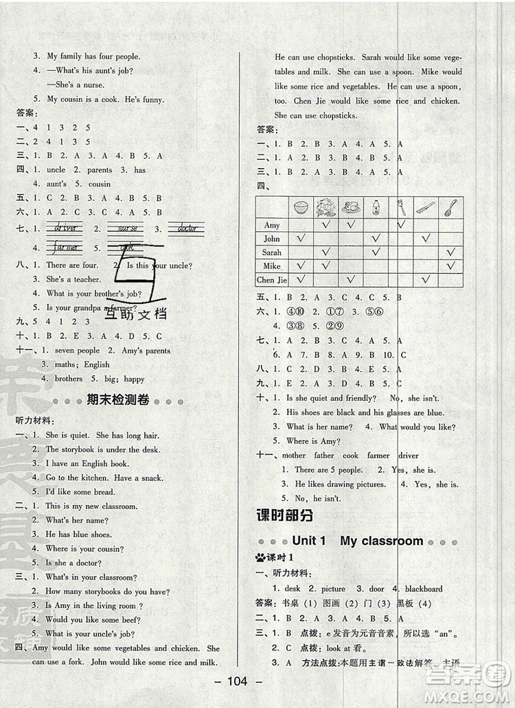 2019年綜合應(yīng)用創(chuàng)新題典中點(diǎn)四年級英語上冊人教PEP版參考答案