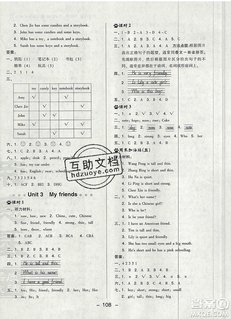 2019年綜合應(yīng)用創(chuàng)新題典中點(diǎn)四年級英語上冊人教PEP版參考答案