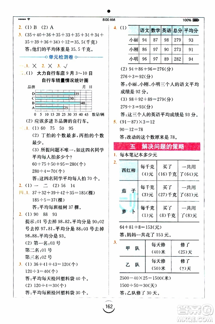 安徽人民出版2019年全易通小學(xué)數(shù)學(xué)四年級上SJ蘇教版參考答案