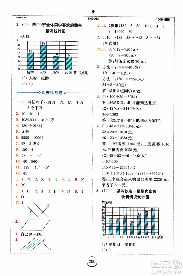 安徽人民出版2019年全易通小學(xué)數(shù)學(xué)四年級(jí)上RJ人教版參考答案