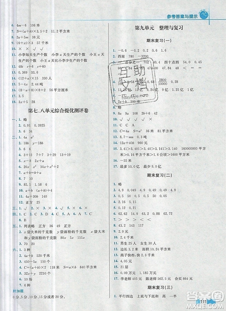 2019年名師點撥培優(yōu)訓(xùn)練五年級數(shù)學(xué)上冊江蘇版參考答案