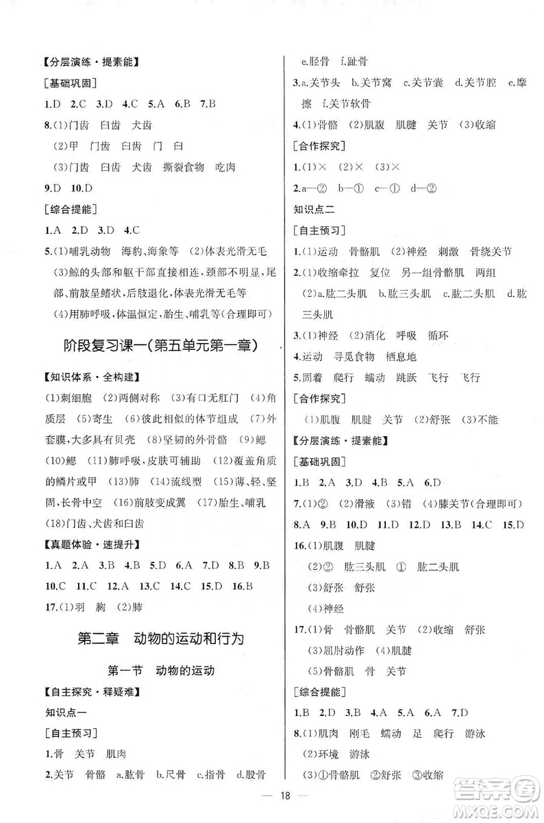 同步學(xué)歷案課時(shí)練2019八年級(jí)生物學(xué)上冊人教版答案