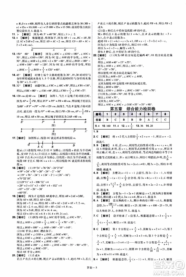 2020版一遍過單元綜合能力檢測(cè)卷初中數(shù)學(xué)七年級(jí)上冊(cè)BS版北師版參考答案