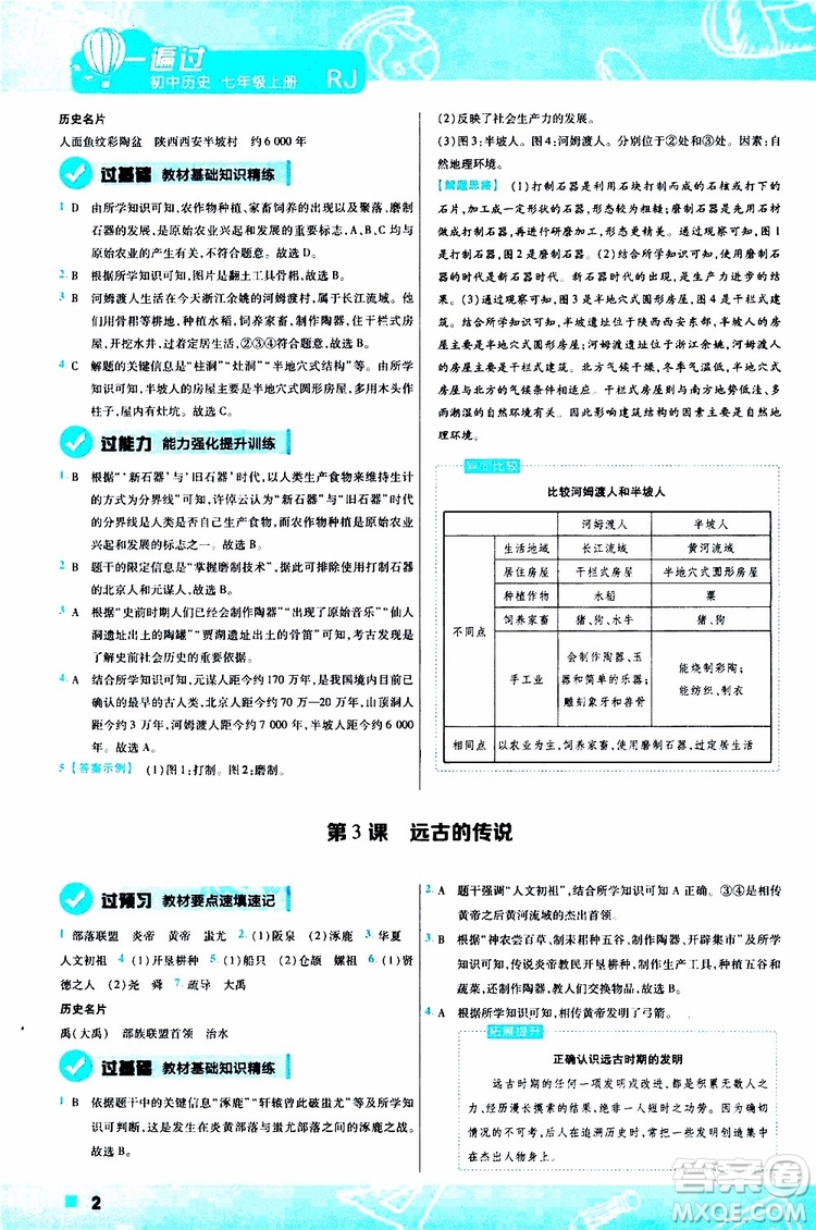 2020版一遍過初中歷史七年級(jí)上冊(cè)RJ人教版參考答案