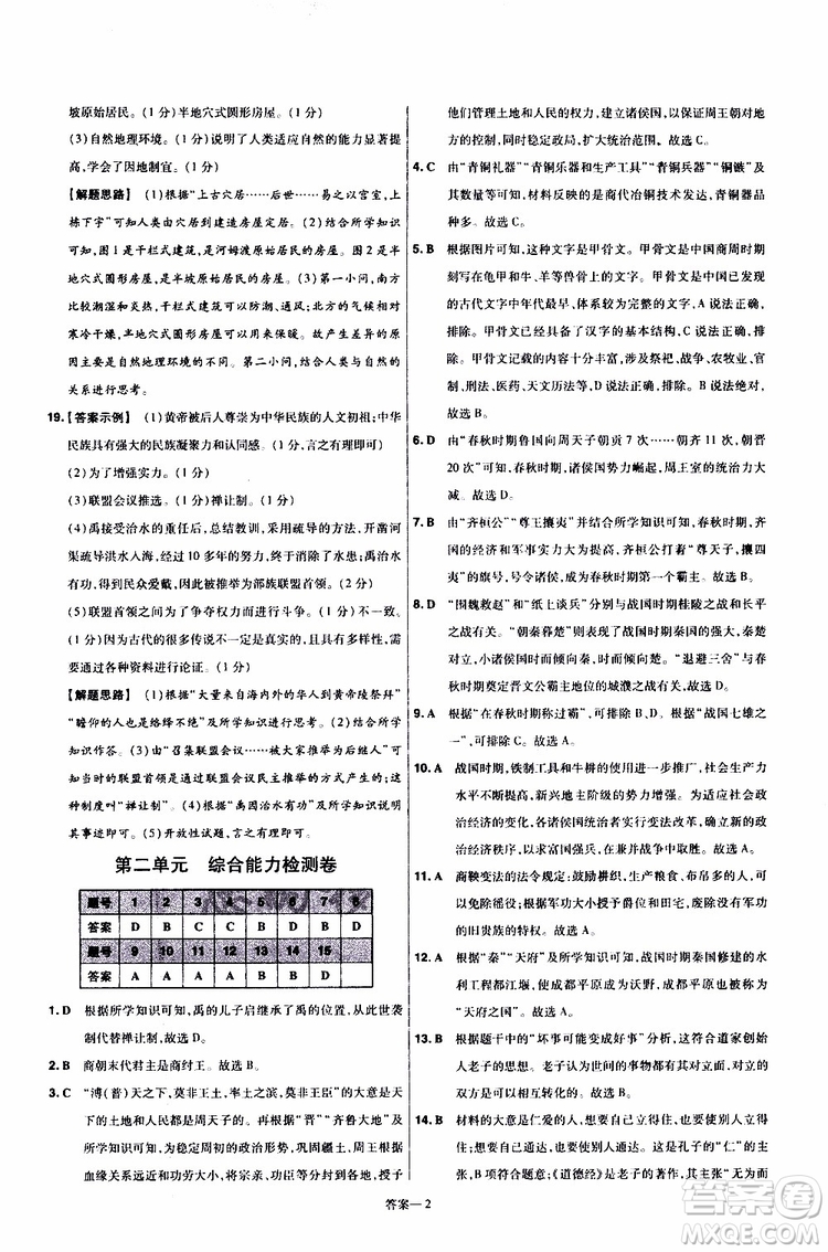 2020版一遍過單元綜合能力檢測卷初中歷史七年級上冊RJ人教版參考答案